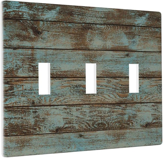 Vintage Green Wood Texture Triple Toggle Light Switch Wall Plate Cover Decorative 3-Gang for Room Bathroom Bedroom Home Kitchen Three Lightswitch Polycarbonate 4.5" x 6.38"