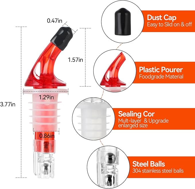 Automatic Measured Bottle Pourer - Quick Shot Spirit Measure Pourers with Dust Caps for Tequila Cocktail Home Bar Tools 1.5oz/45ml(Red No-Collar, 4 Pack)