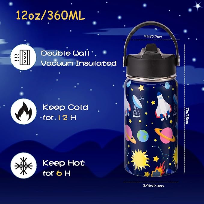 12oz Kids Insulated Water Bottle with Flip Straw & Big Handle, Space Travel, Double Wall 18/8 Stainless Steel, Leakproof Gift for Kids Boys Girls to School Travel Sports, Hands Wash Only, Blue