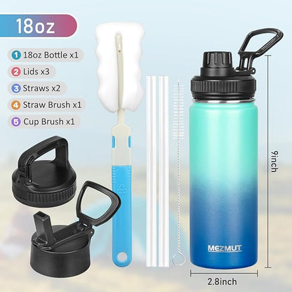 18oz Insulated Water Bottle with Straw&3 Lids Stainless Steel Water Bottles Kids Metal Thermos Water Bottle Cup for School Vacuum Insulated Bottles Leak-Proof Travel Thermal (Gradient Blue)