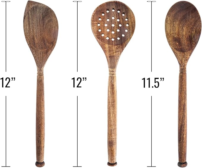 3pc Solid Acacia Wood Spoons and Skimmer Kitchen Utensils Set Cooking Baking Home Essentials, 12 Inch