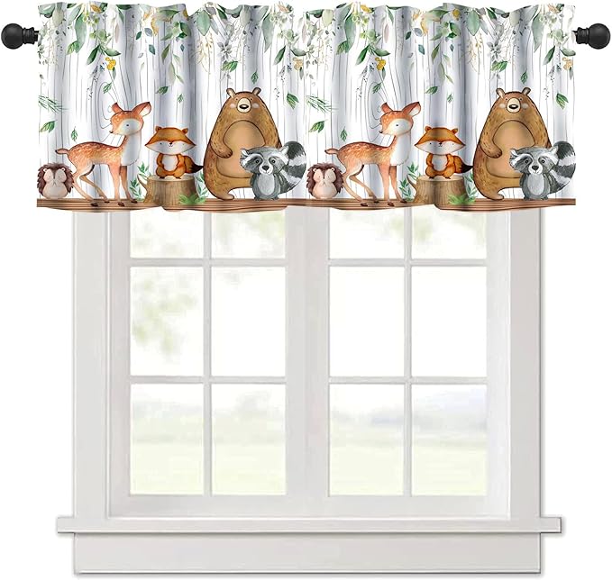 Woodland Animals Kitchen Curtain Valances, Watercolor Forest Animals Valances Set, Bear Deer Fox Wolf Set Hunting Kitchen Curtains Set for Kitchen Cafe Living Room Bedroom Decor 54x18 Inch, 1 Panel