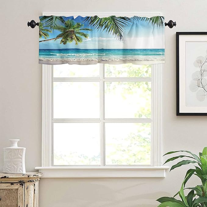 Valance Curtains for Kitchen Window, Palms Tree Ocean Tropical Sea Rod Pocket Valances Window Treatments Beach Theme Short Curtains for Bedroom/Living Room,54" X 18" -1 Panel,