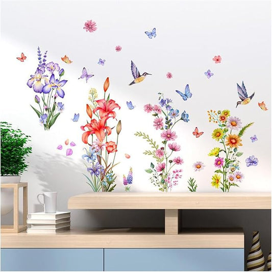 2PCS Colorful Flower Butterfly Wall Stickers, Removable DIY Cartoon Flower Blossom Wall Murals Stick 3D Wall Art Stickers Home Decor for Girls and Boy Bedroom Living Room