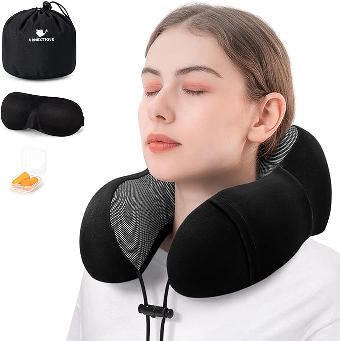 Neck Pillow for Airplane, Memory Foam Travel Pillows, Soft & Support Travel Pillow for Travelling, Sleeping Rest, Car, Train and Home Use (Black/Hump-Shaped)