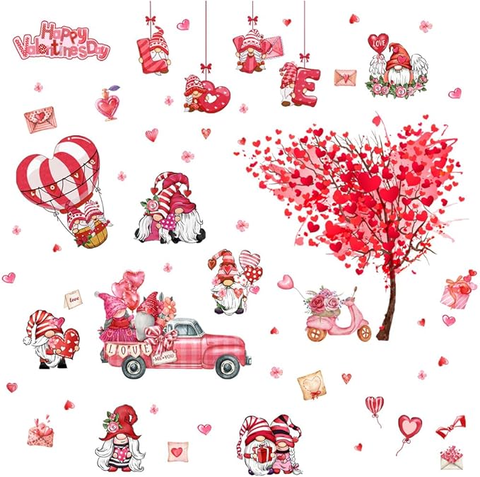 2 Sheets Valentine's Day Wall Decals Heart Tree Red Truck Valentines Day Wall Stickers Romantic Love Heart Wall Decor Home Bedroom Decor for Couple Living Room Kitchen Window Wedding Anniversary Art