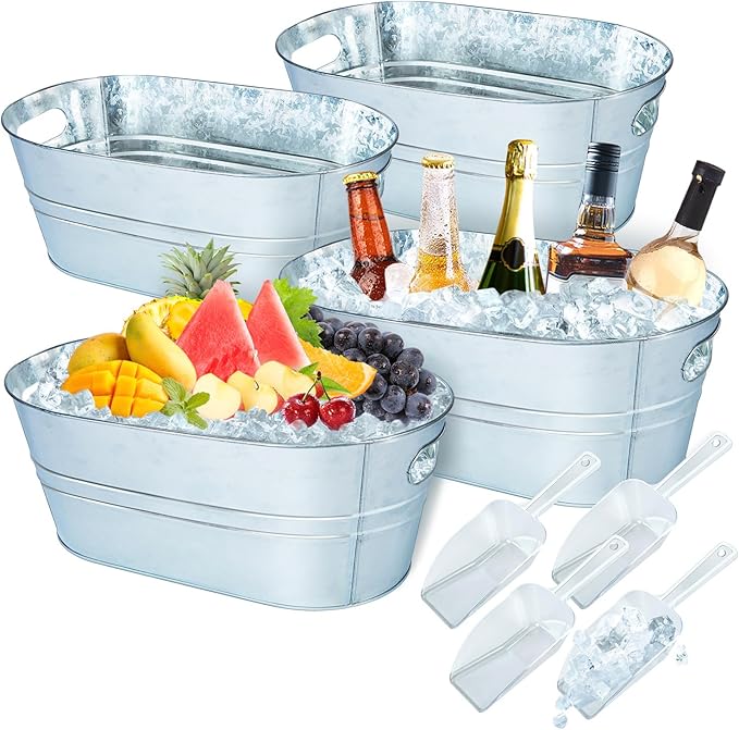 4 Pack Galvanized Metal Ice Buckets, 4 Gallon Large Ice Buckets for Parties Wine Beverage Tub with Carry Handle for Home/Bar Beer Champagne Cocktails Cooling Supplies