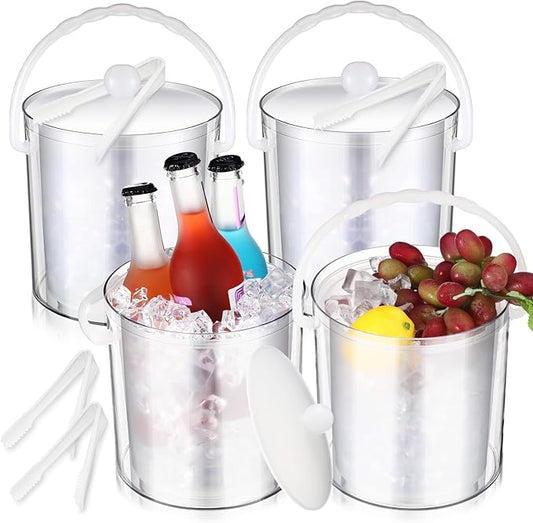 Baderke 4 Pcs Ice Bucket for Parties Double Wall Acrylic Ice Buckets with Lid Clear Wine Bucket with Tongs Drink Champagne Cooler Portable Ice Container Bottles for Home Bar Chilling Beer Beverage