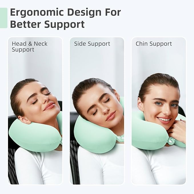 Travel Pillow, Cooling Neck Pillow Airplane Memory Foam with Sleep Mask Earplugs, Soft & Support Airplane Pillow for Travelling Plane Car Train Home Use, Light Green