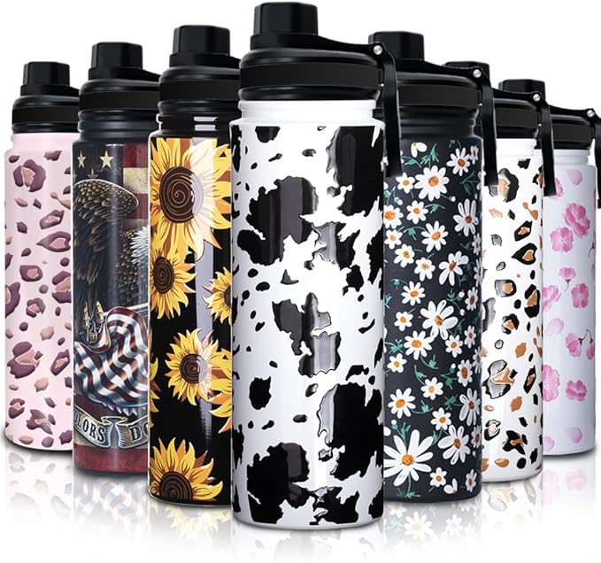 1pc Cow Print Sport Water Bottle with Straw 4 Lids,Birthday Gifts for Women Insulated Cups Funny Gifts for Girlfriend Cow Print Stuff Gifts for Daughter Cow Lovers Black