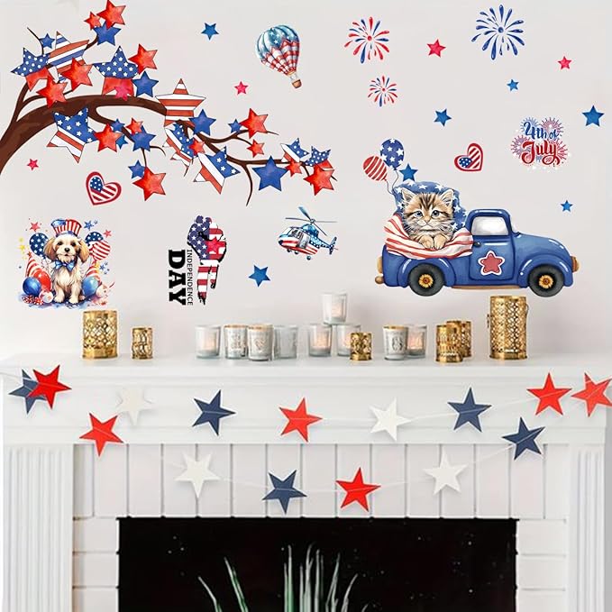 America Independence Day Wall Stickers for Wall Decor 2 Large Sheets 4th of July Wall Decals Removable Fireworks Animal Flag Star Window Decals Patriotic Memorial Day Stickers for Kitchen Home Decor