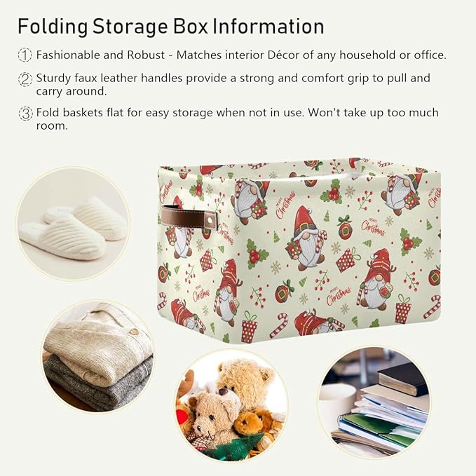 Merry Christmas Gnomes Storage Basket Fabric Kitchen Baskets Winter Candy Cane Bells Xmas Open Home Storage Bins Boxes Foldable Organizer Bag for Toy Book Shelf Closet Baskets 16×12×8 Inches