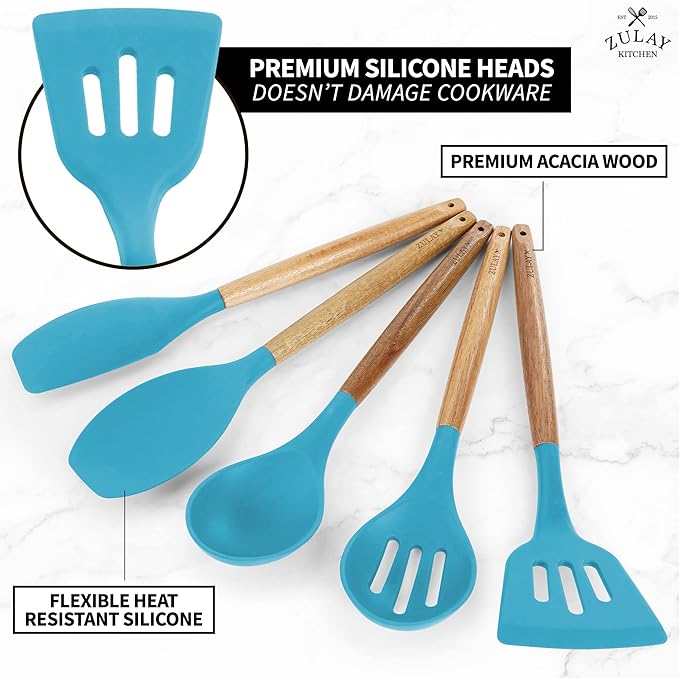 Zulay Kitchen Utensils Set Non-Stick Silicone Cooking Utensils Set with Authentic Acacia Wood Handles - 5 Piece Silicone Utensil Set - Silicone Kitchen Utensils Set with 464°F Heat Resistance - Blue