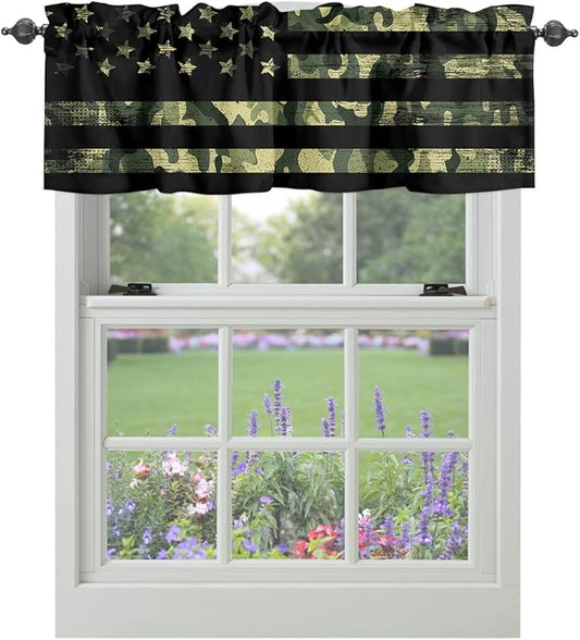 Vandarllin Rustic Green Camo Military Pattern American Flag Kitchen Curtains Valances for Windows Camouflage Rod Pocket Window Treatment for Kitchen/Living Room/Bedroom/Bathroom,60" X 18" -1 Panel,