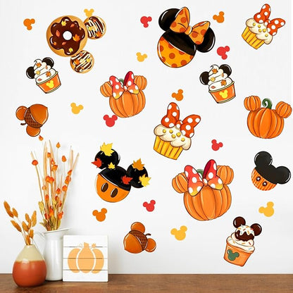 Mfault Fall Cartoon Mouse Wall Decals Stickers, Autumn Pumpkin Doughnut Cupcake Decorations Bedroom Art, Thanksgiving Acorn Maple Leaves Seasonal Home Kitchen Decor