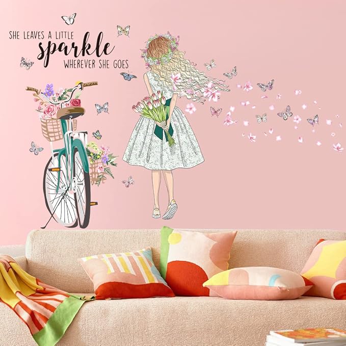 Bike Girl Wall Stickers Flower and Butterfly Wall Art Decal DIY Peel and Stick Motivational Quotes Wall Sticker for Home Decor Living Room TV Sofa Background Bathroom Girls Kids Bedroom Office Kitchen (B)