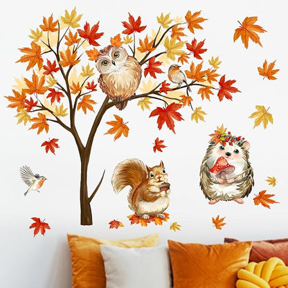 Mfault Fall Maple Tree Woodland Animal Wall Decals Stickers, Autumn Raccoon Hedgehog Squirrel Owl Bird Decorations Bedroom Art, Thanksgiving Pumpkin Seasonal Home Kitchen Decor