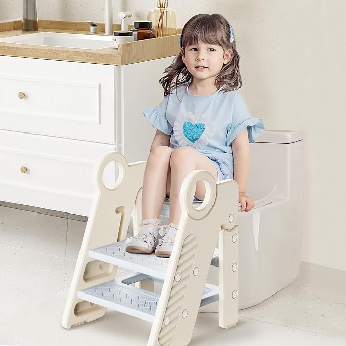 UNCLE WU Foldable Step Stool for Kids, Adjustable 3-Step Bathroom Sink Stool, Toddler Toilet Potty Training Stool with Handles, Child Kitchen Counter Helper, Non-Slip Plastic Ladder