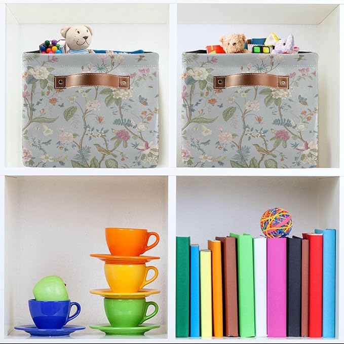 Vintage Floral Leaves Bloom Gray Storage Basket Fabric Kitchen Baskets Pastel Colors Spring Flowers Birds Open Home Storage Bins Boxes Foldable Organizer Bag for Toy Book Shelf 16×12×8 Inches