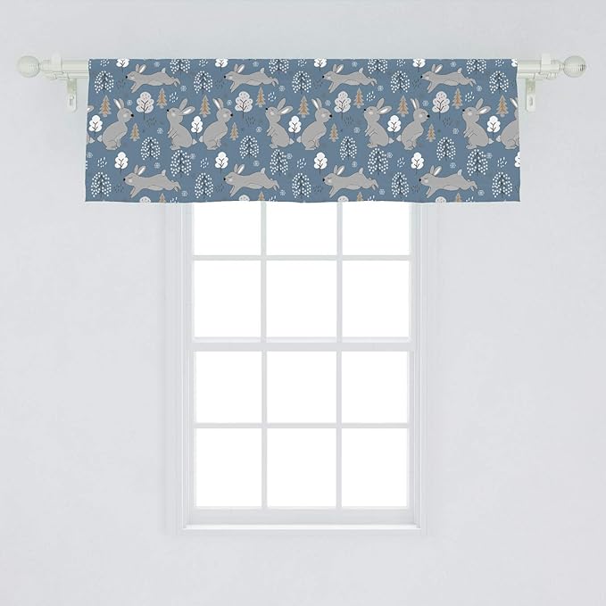 Ambesonne Bunny Window Valance, Continuous Pattern with Trees and Rabbits Snowflakes, Curtain Valance for Kitchen Bedroom Decor with Rod Pocket, 54" X 18", Blue Grey