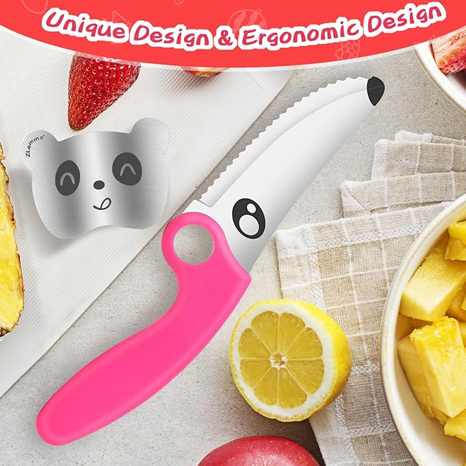 Toddler Knife Set for Real Cooking Montessori Kitchen Tool, Nylon Handle & Stainless Steel Blade Safe Edge for Beginner Training Cutting Knives Set (Pink)