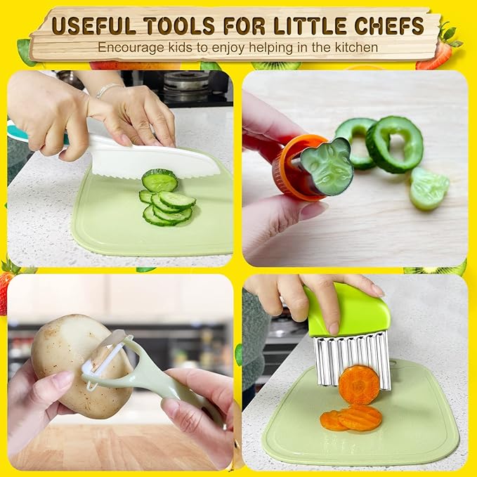 9 Pcs Kids Kitchen Knife Set, Kids Knives For Real Cooking With Cutting Board, Y Peeler, Crinkle Cutter, Sandwich Cutter, Serrated Edges Plastic Toddler Knife Kid Safe Knives