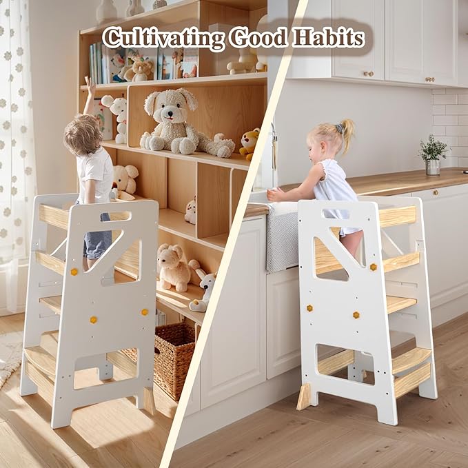 Adjustable Toddler Standing Tower – Complete Toddler Kitchen Stool Helper with Safety Rail – Ideal Kids Learning Step Stool for Cooking, Cleaning & More – Sturdy Wooden Design(White)