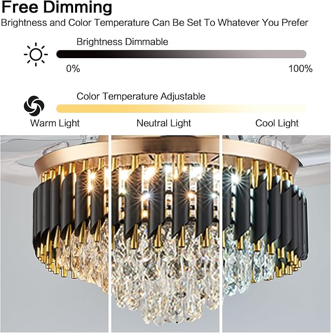 42" Gold Chandelier Ceiling Fans with Lights Crystal Ceiling Fan Chandelier Ceiling Fan with Lights Retractable Blade Fandelier Bladeless Ceiling Fans for Dinning Room Living Room Kitchen Foyer