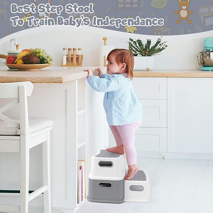 2 Step Stools for Kids, Anti-Slip Toddler Step Stool for Bathroom Sink, Two Step Stool for Toddlers Toilet Potty Training, Toddler Stool for Kitchen Counter Bedroom, Grey