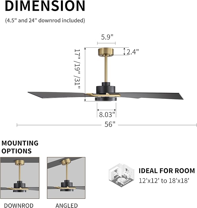 WINGBO 56 Inch DC Ceiling Fan with Lights and Remote, 4 Plywood Blades, 6-Speed Reversible DC Motor, Dimmable, 3CCT, Farmhouse Ceiling Fan for Bedroom Living Room Kitchen, Brass and Black