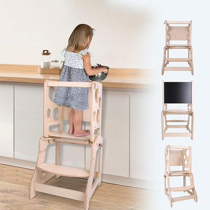 Toddler Tower, Toddler Kitchen Stool Helper with Montessori Weaning Table and Chalkboard, Adjustable Height and Steps are Easier for Children, Premium Birchwood