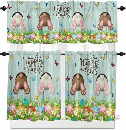 Vandarllin Spring Easter Kitchen Curtains and Valances Set, Funny Bunny Tails Rabbit Window Tiers Floral Farmhouse Half/Short Curtains for Small Windows Cafe/Living Room/Bedroom 54x 36 in