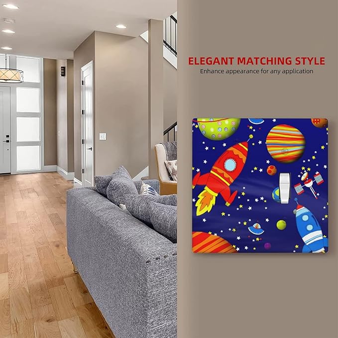 Space Astronaut Combo Single Blank 1 Single Toggle Light Switch Wall Plate Cover Decorative 2-Gang for Electrical Boys Kids Room Bathroom Bedroom Home Kitchen One Receptacle 4.5" x 4.6"