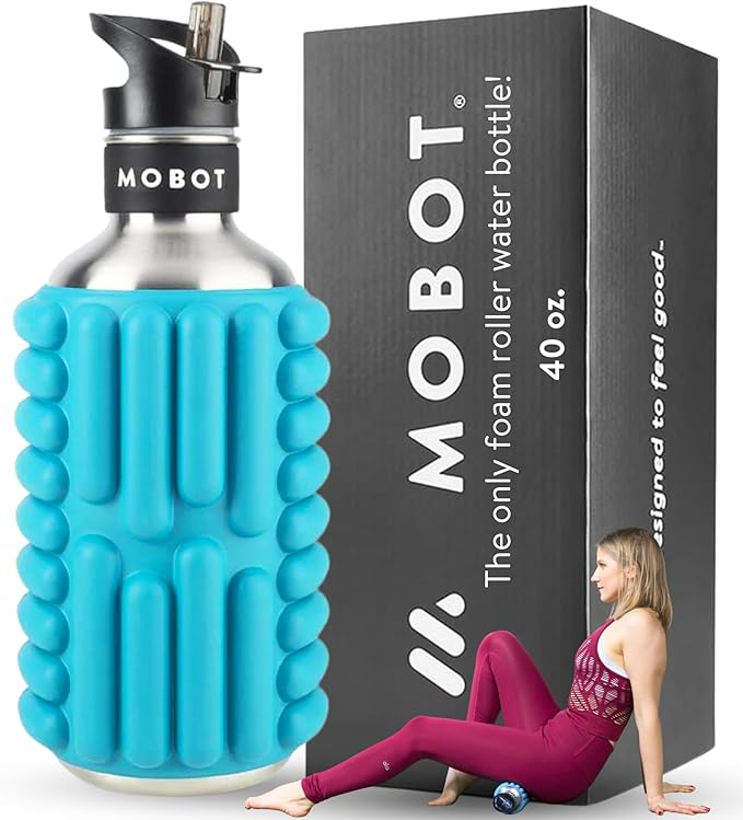 MOBOT Portable Travel Foam Roller Water Bottle with Sip Straw, Stainless Steel Screw Lid | Insulated Sports Water Bottle and Foam Rollers for Yoga, Workout, Home Gym, & Exercise