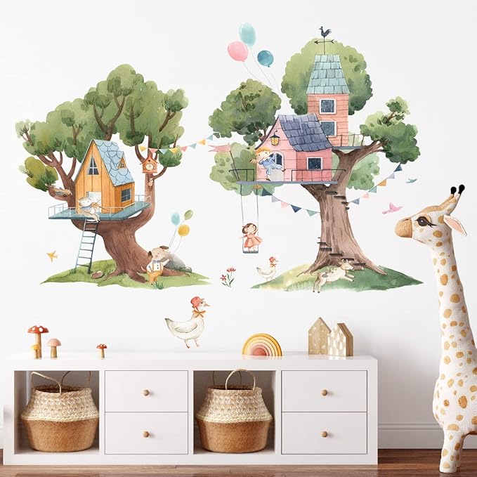 2 PCS Cartoon Tree Wall Stickers House Wall Decals DIY Removable 3D Forest Wall Stickers for Kids Girls Boys Bedroom Nursery Classroom Bathroom Kitchen Playroom Living Room Home Decoration (B)