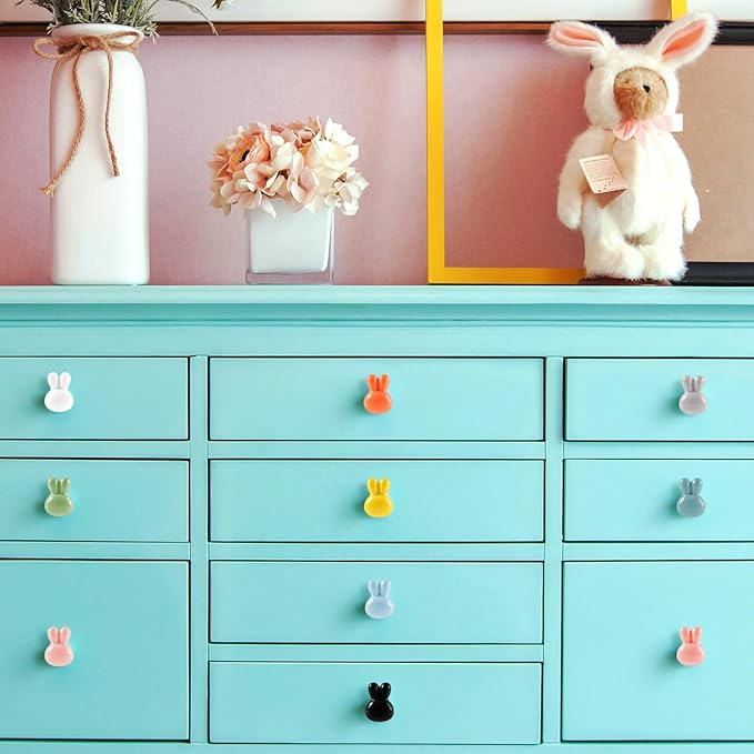 10x Colorful Cute Glossy Ceramic Knobs Bunny Rabbit Shape Lovely Door Pull Knob Cabinet Closet Ceramic Drawer Cupboard Kitchen Dresser Kids Child Bedroom Pulls Wardrobe Handles