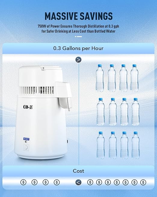 CO-Z 1.1 Gallon Water Distiller, 750W Countertop Home 4L Distilled Clean Water Maker Office Countertop Distiller Water Making Machine, Distill Distilling Water Purifier Distillers