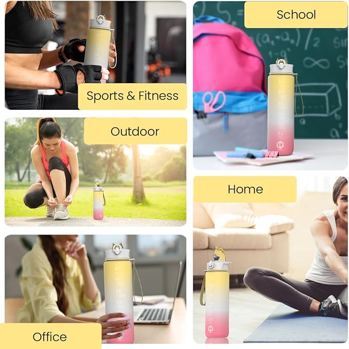 1L Water Bottle with Straw - Leak-Proof & BPA Free Reusable Sports Bottle - Motivational Time Markings for Hydration Durable Drink Bottle for Gym, Sports, Outdoor (Yellow White and Pink)