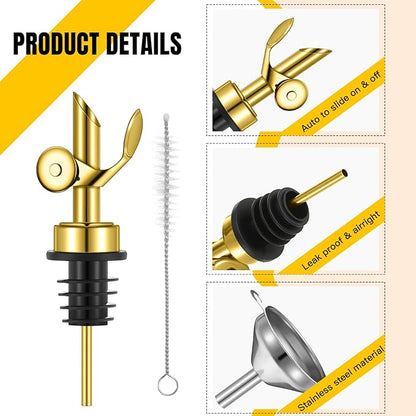 Tioncy 4 Pieces Weighted Stainless Steel Pourers Olive Oil Spout Olive Oil Dispenser Spout Automatic Opening and Closing Spout with Funnel and Brush for Pouring Wine Syrup Oil Kitchen (Gold)