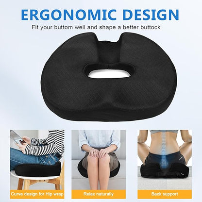 Memory Seat Cushion, Donut Pillow, Donut Cushion Hemorrhoids Scientific Center Hole & Two Humps Hip Curve Design, Memory Foam Seat Cushions for Office, Car and Home Chairs (Black, XL Size)