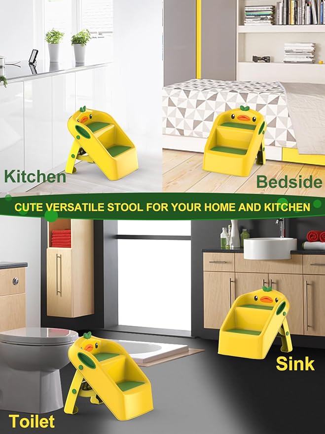 Toddler Kids Step Stool for Kitchen Bathroom Sink, Green & Yellow | Dual Height 11" Child Kid 2 Step Stool Toilet Potty Training Kitchen Helper - Foldable - Save Space, Easy to Move, Slip-Resistant