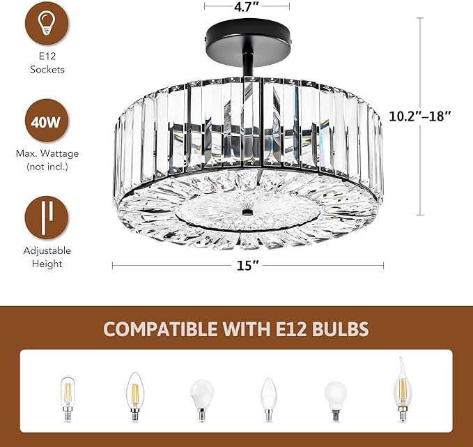 VONLUCE Crystal Ceiling Light Fixture, Modern Semi Flush Mount Ceiling Light, 15" Round 4-Light Crystal Chandelier Hallway Lighting for Kitchen Bedroom Living Room Dining Room Entryway Closet, Black