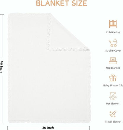 100% Cotton Baby Blanket Knit Lace Soft Warm Toddler Blanket,30 x 40 Inches，White