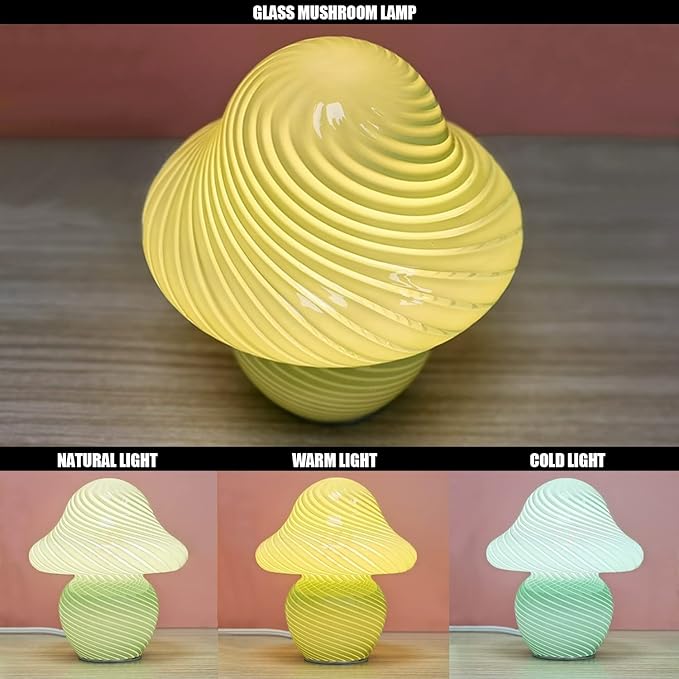 Mushroom Lamp, Small Green Table Lamp with Striped Glass, Cute Little Swirl Sage Green Nightstand Lamp for Bedroom Bedside Dorm Living Kitchen, Aesthetic Ambient Lamp for Home Decor Gift