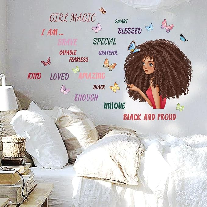 Black Girl Butterfly Wall Decals African Girl Inspirational Words Wall Stickers Inspirational Home Afro Kid Room Decoration Bedroom Playroom Art Gift