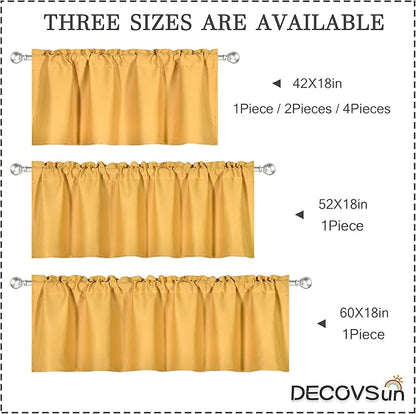 4 Panels Gold Yellow Valance for Windows 42x18 Inch Solid Thermal Insulated Blackout Rod Pocket Kitchen Short Curtain Toppers Valance for Bathroom Living Room