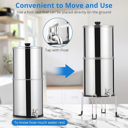 Stainless Steel Gravity Fed Water Filter System, 2.25G Capacity, Includes 2 Filters and Stand, Ideal for Home, Camping, RV, Fishing, Reduces 99% Chlorine