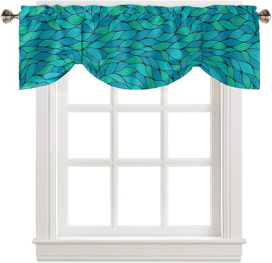 Tie Up Valance for Kitchen Living Room Farmhouse - Abstract Wave Ripple Bule Green Rod Pocket Adjustable Tie-up Shade Valance for Small Window, Window Valance Balloon Drape for Bathroom 42x18 inches