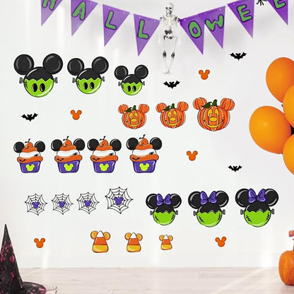 Mfault Halloween Cartoon Mouse Wall Decals Stickers, Jack O Lantern Pumpkin Cupcake Decorations Bedroom Art, Spider Web Bat Funny Holiday Home Kitchen Decor