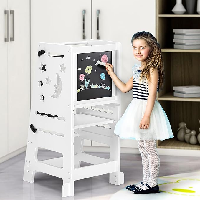 TOETOL Bamboo Toddler Kitchen Stool for Kids Step Stool - White Little Helper Tower Adjustable Height with Learning Black & White Activity Board